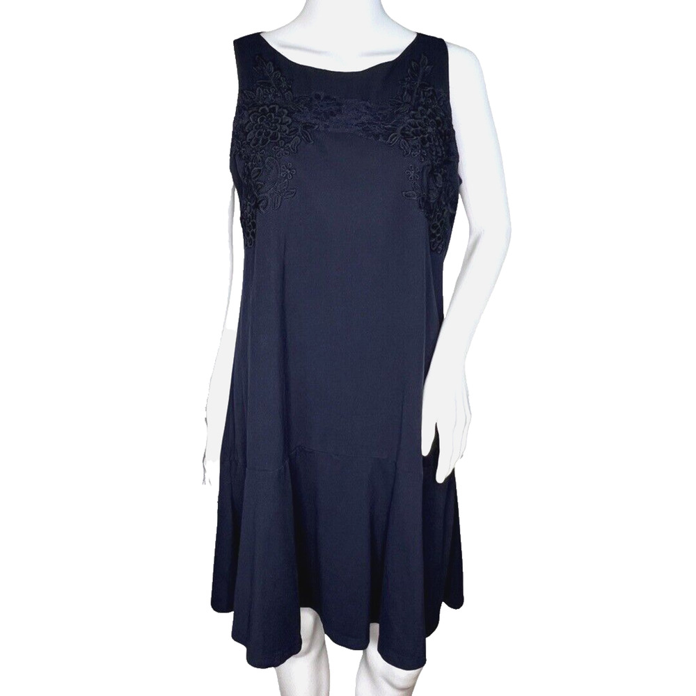 Loft Dress Womens Medium Navy Blue Floral Embroidery Shift Ruffle Party Preppy